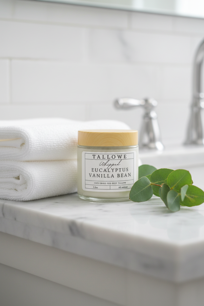 TALLOWE Eucalyptus Vanilla Bean Bathroom Flatlay