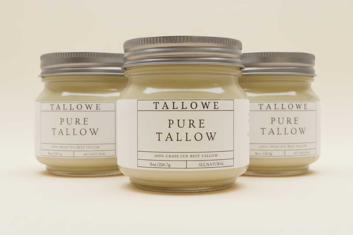 Three TALLOWE Pure Tallow jars on a clean studio background